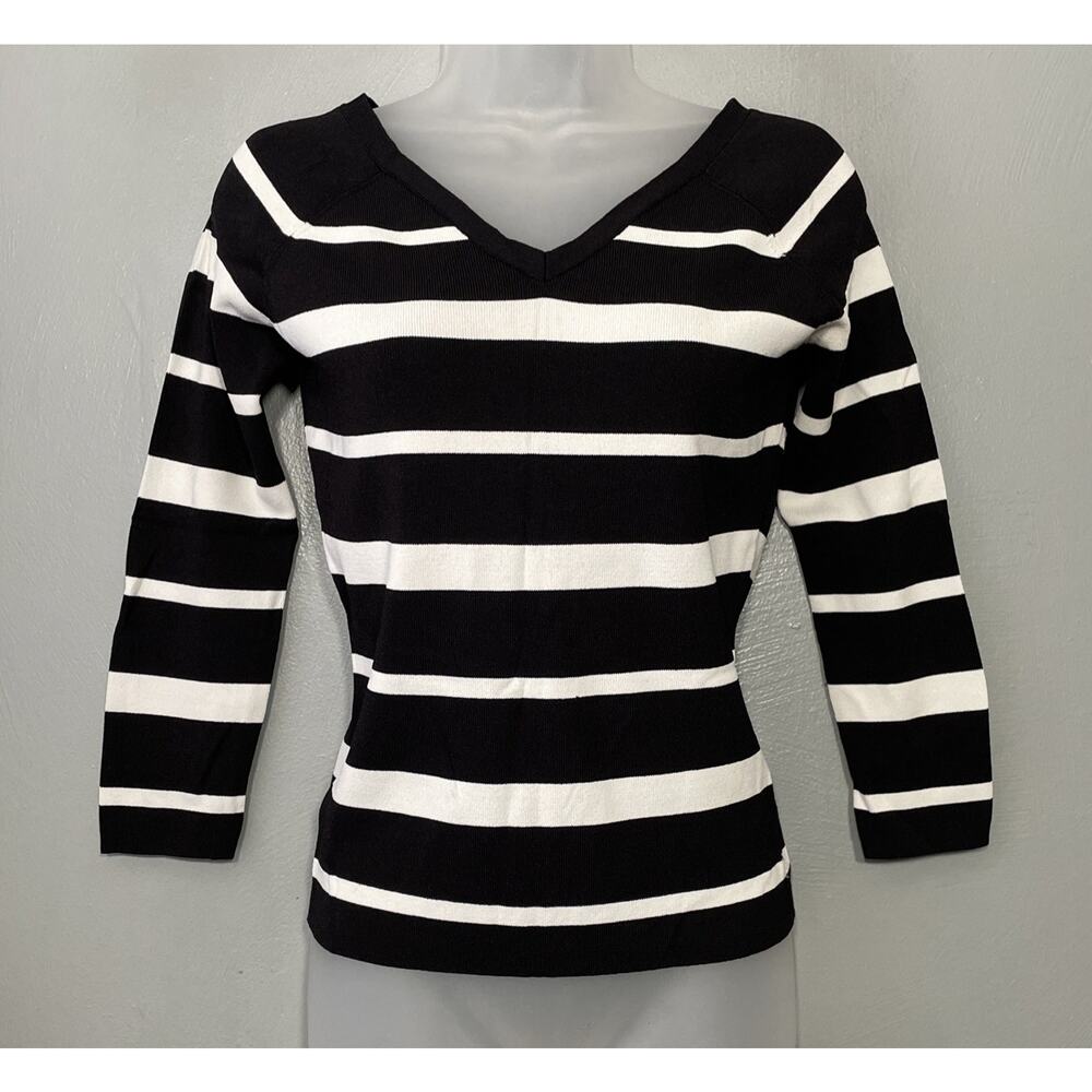 Preppy Sweater Size XS Black White Striped V-neck Coastal Chic Y2K 00s Office